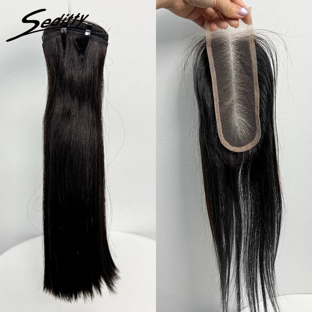 6-10 inches Hair Double Drawn Straight Hair Bundles Hair Extensions with 2X6 transparent Lace Closure 100% Human Hair Bundles