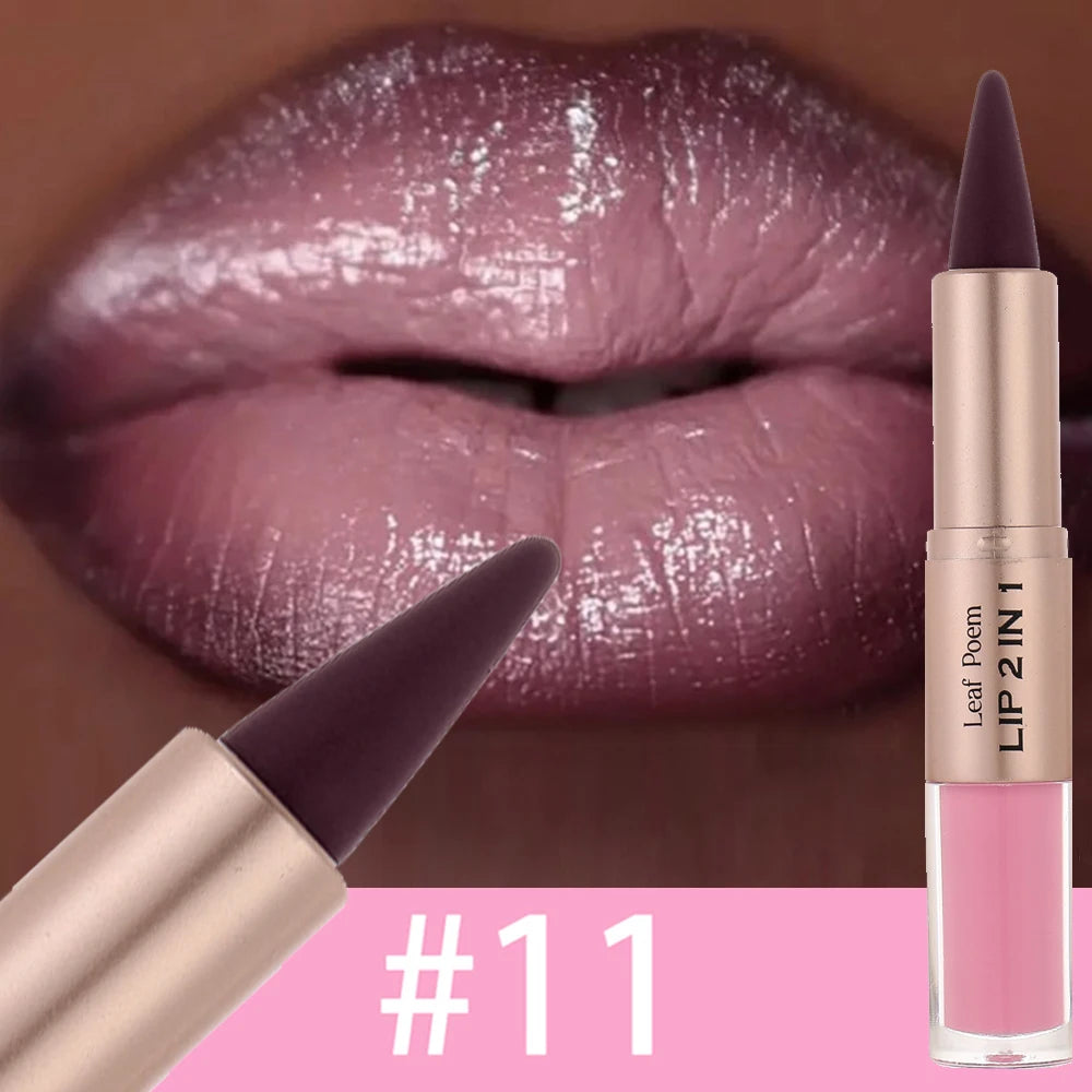 Dark plum and pink 2-in-1 lip makeup set with matte lip liner, plumping lip glaze, mirror, and waterproof, non-stick lip contour from HSF Marketplace.