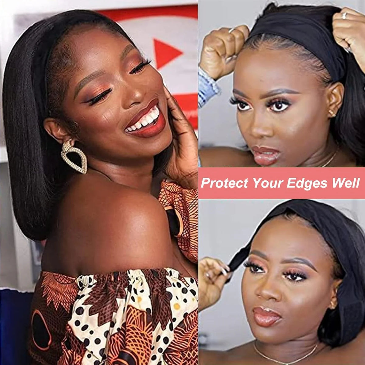 Straight short bob wig, 100% human hair glueless half wig with scarf for Black women