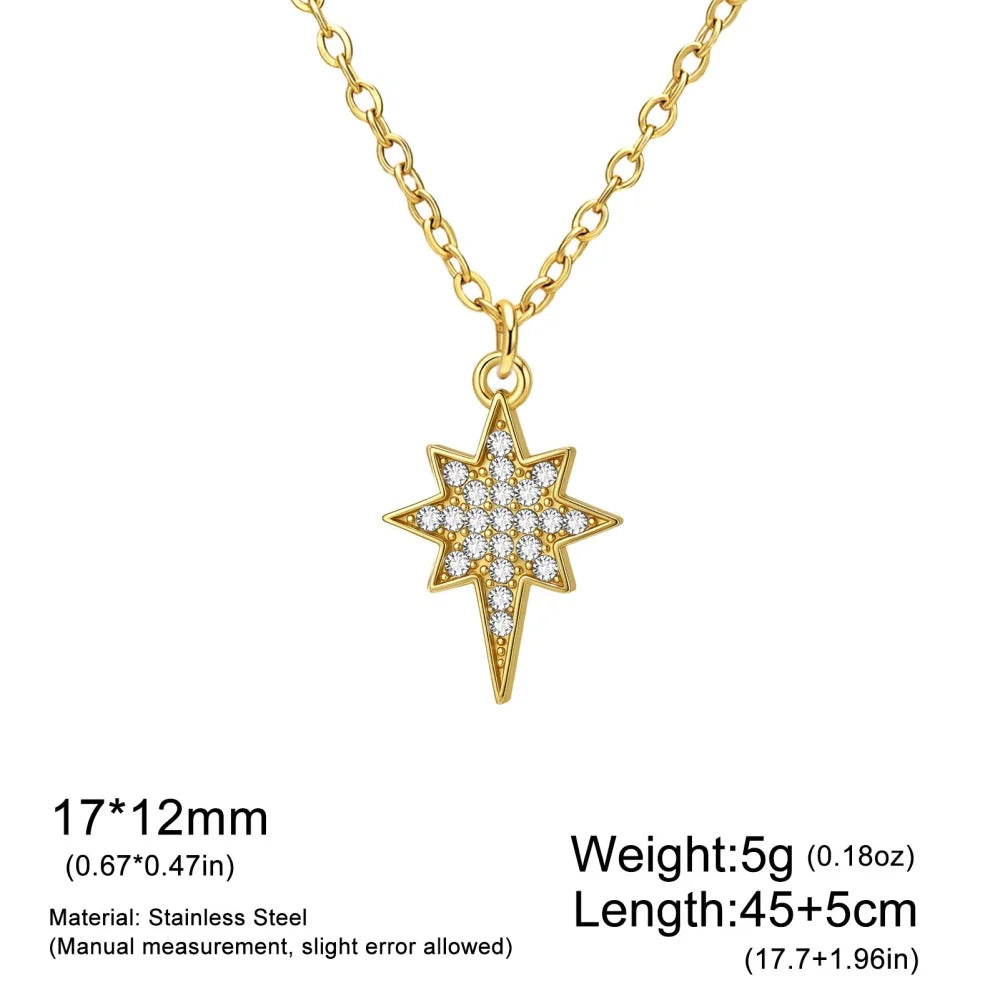 Gold stainless steel North Star pendant necklace for women with zircon accents, waterproof jewelry, featuring an eight-pointed star design.