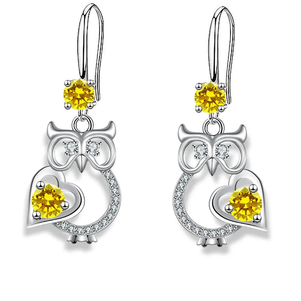 Cute silver owl drop earrings for women with colorful zircon accents by HSF Marketplace