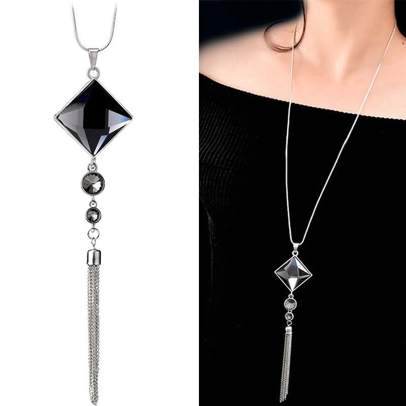 Long geometric chain necklace for women with pendant, stylish maxi jewelry by HSF Marketplace, perfect for fashion-forward looks.