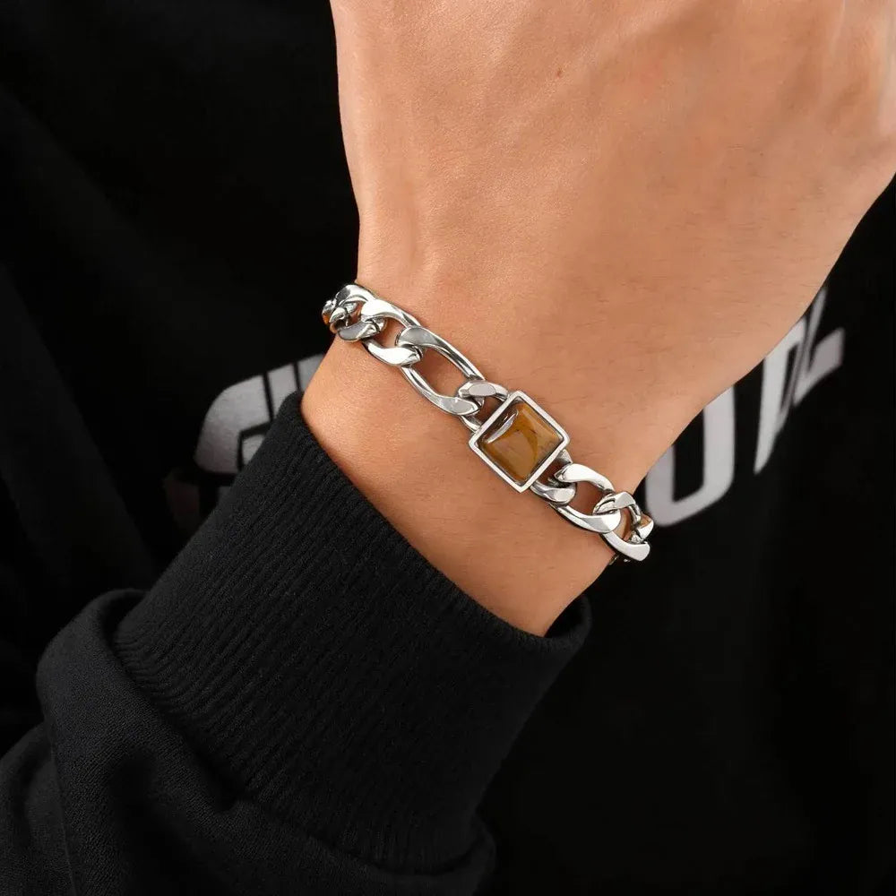 Somen Square Tiger Eye Stone Chain Bracelet For Men Stainless Steel Adjustable Chain Wristband Fashion Charm Jewelry Party Gifts