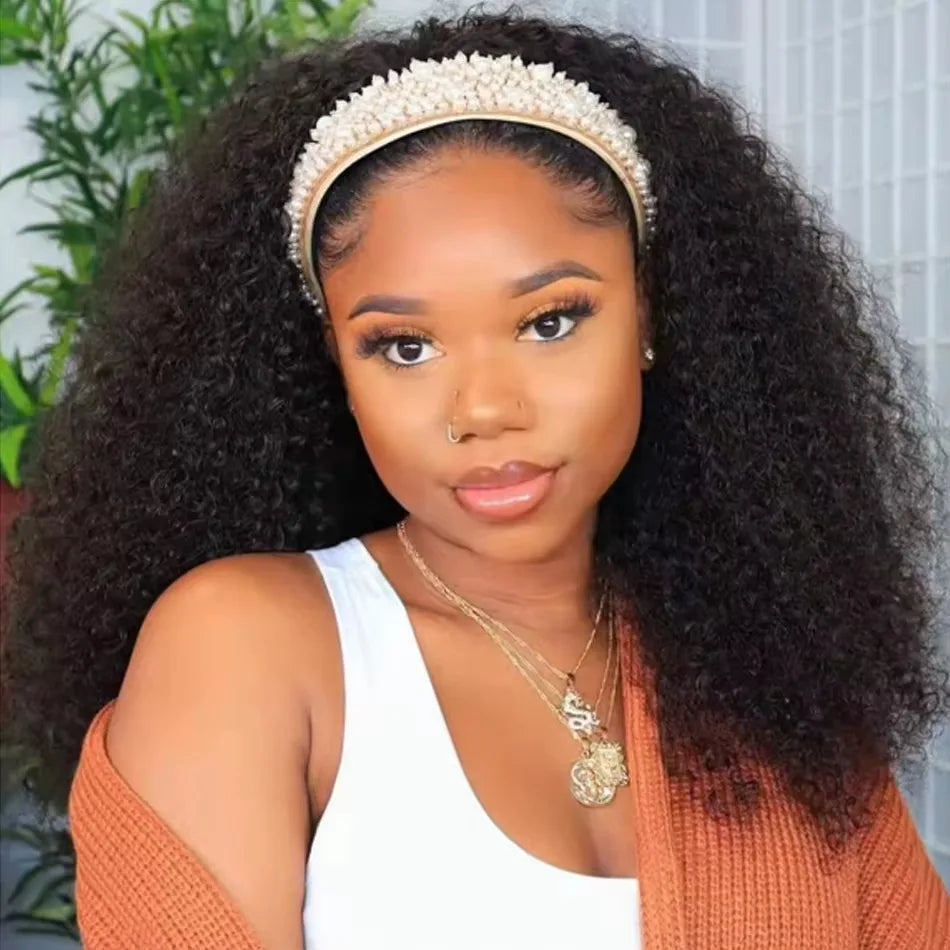 Frizira kinky curly human hair headband wig with natural black curls, ready-to-wear Indian hair wig