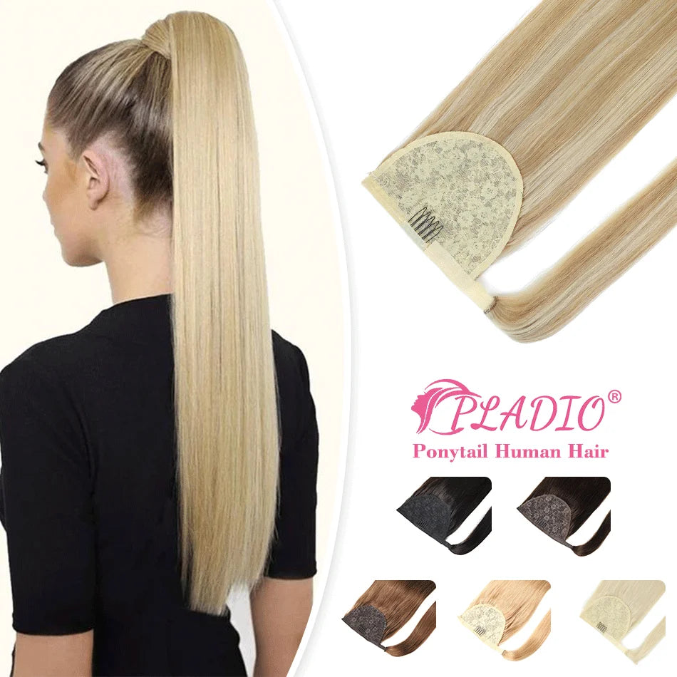 Straight Brazilian Remy human hair wrap-around ponytail extension with clip-in attachment, 12–28 inches