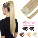 Straight Brazilian Remy human hair wrap-around ponytail extension with clip-in attachment, 12–28 inches