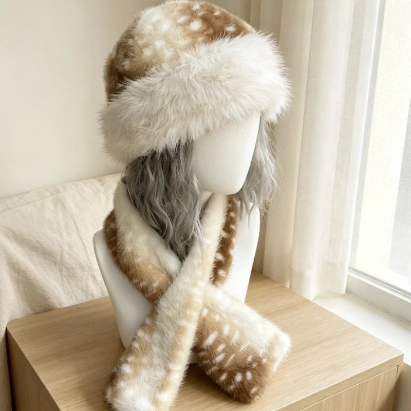 Kawaii deer spots faux fur winter hat, scarf and gloves set by HSF Marketplace