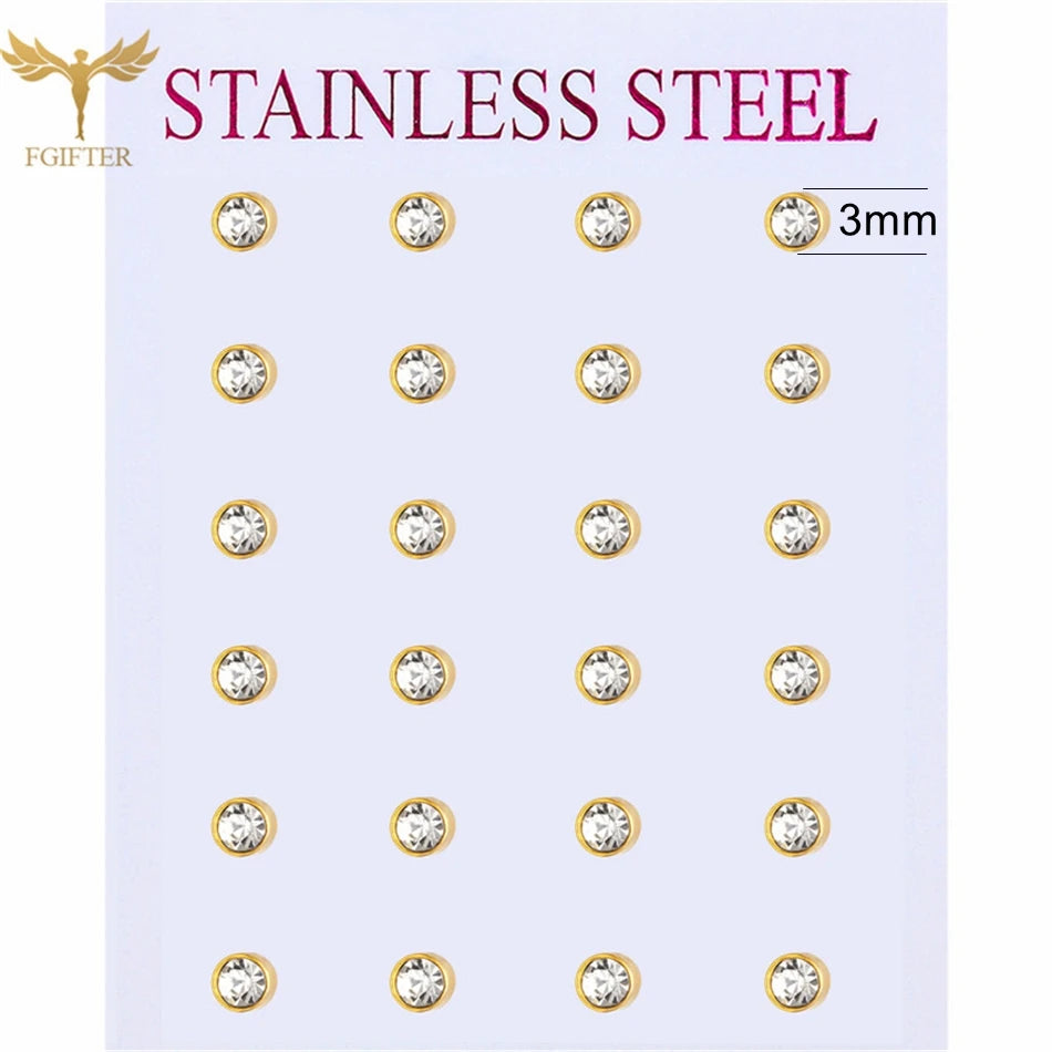 12 pairs of white crystal stud earrings, 2–7mm round and square zircon designs with golden stainless steel posts