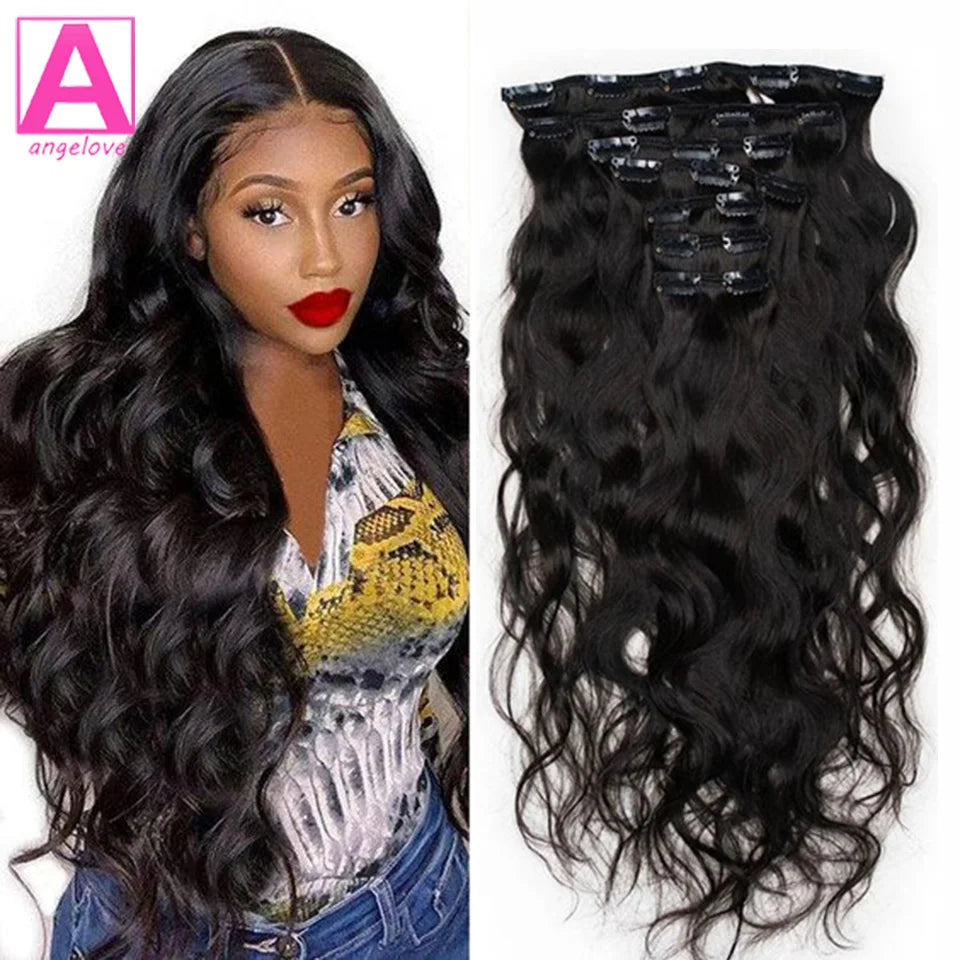 Brazilian human hair clip-in extensions, natural black body wave, 8-piece Remy set, 8–26 inches, 120g