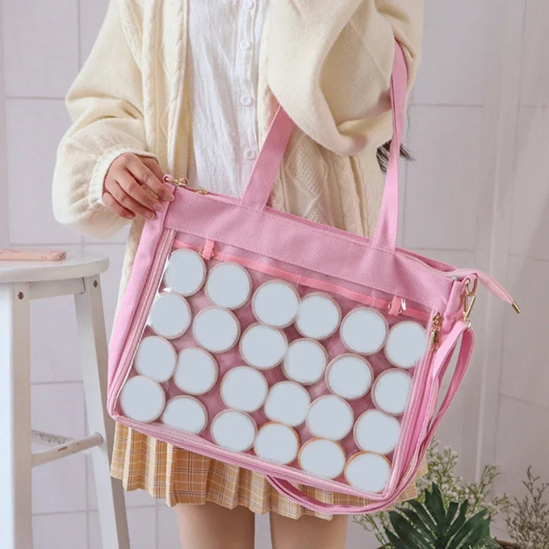 Black Big Ita Bag with clear insert, double straps, Japanese kawaii style, transparent shoulder purse for women, HSF Marketplace.