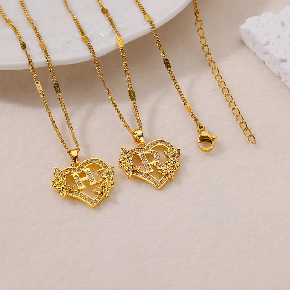 Gold heart initial letter necklace for women with stainless steel chain featuring A-Z alphabet pendant, birthday jewelry gift
