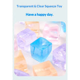 Transparent ice cube squishy toy with jelly TPR texture, stress relief sensory fidget for teens and adults.
