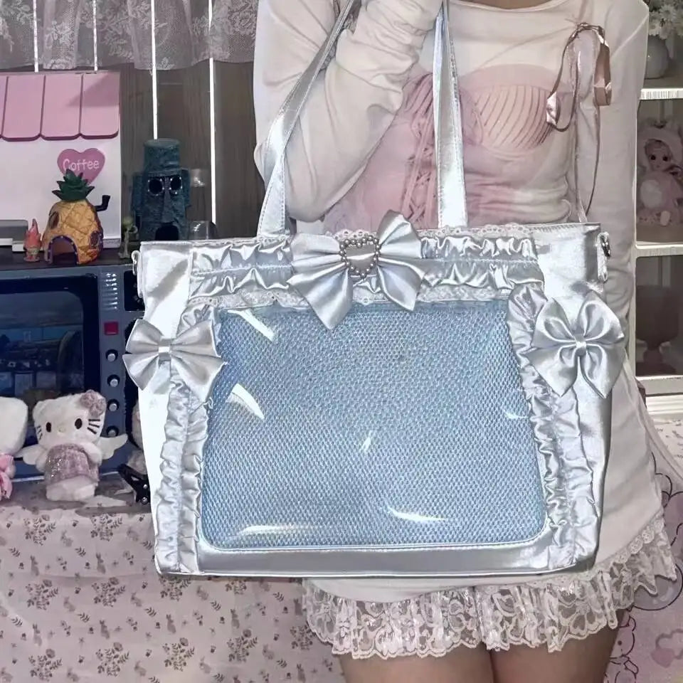 Holographic Y2K Japanese Ita shoulder bag by HSF Marketplace, transparent large-capacity tote with crossbody strap and casual style.