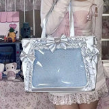 Holographic Y2K Japanese Ita shoulder bag by HSF Marketplace, transparent large-capacity tote with crossbody strap and casual style.
