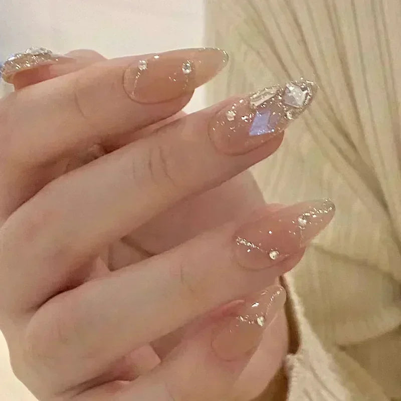 24-piece blush pink glitter diamond cat eye press-on false nails by HSF Marketplace, short coffin full-cover tips