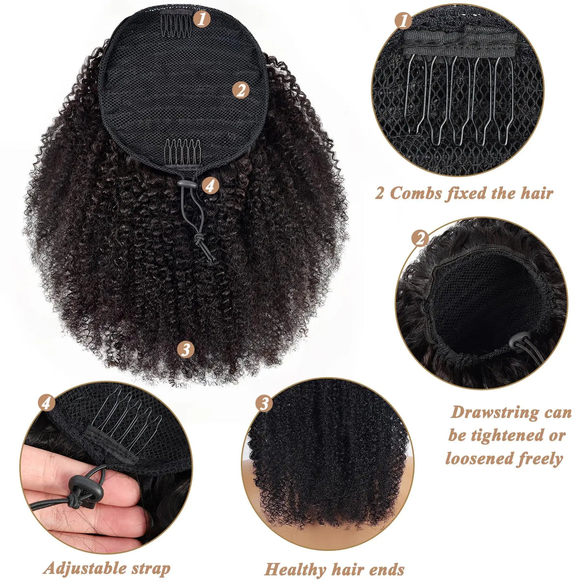 4B/4C human hair drawstring ponytail with afro kinky curly Remy extensions, clip-in style, 10–24 inch lengths