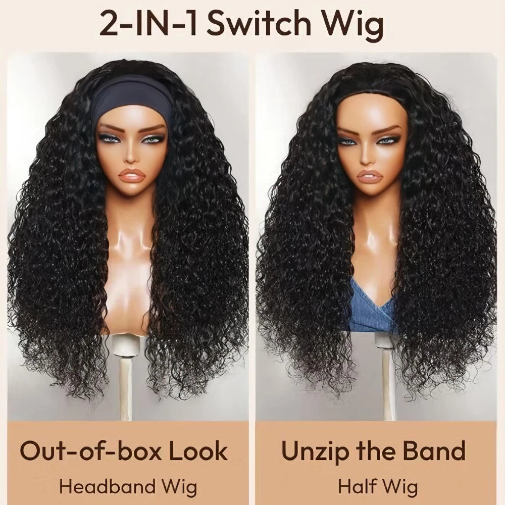 UNice 2-in-1 water wave headband wig and half wig, 100% human hair with switch