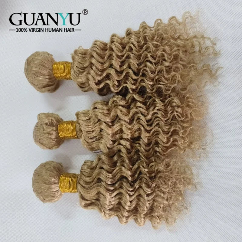 Honey blonde deep wave human hair bundles with lace closure, 100% Remy human hair, from HSF Marketplace, includes three bundles and closure.