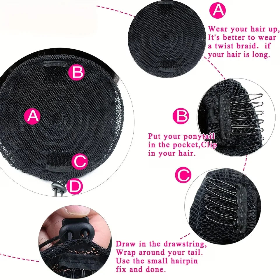 Kinky curly Brazilian human hair drawstring ponytail bun with clip-in extensions by HSF Marketplace