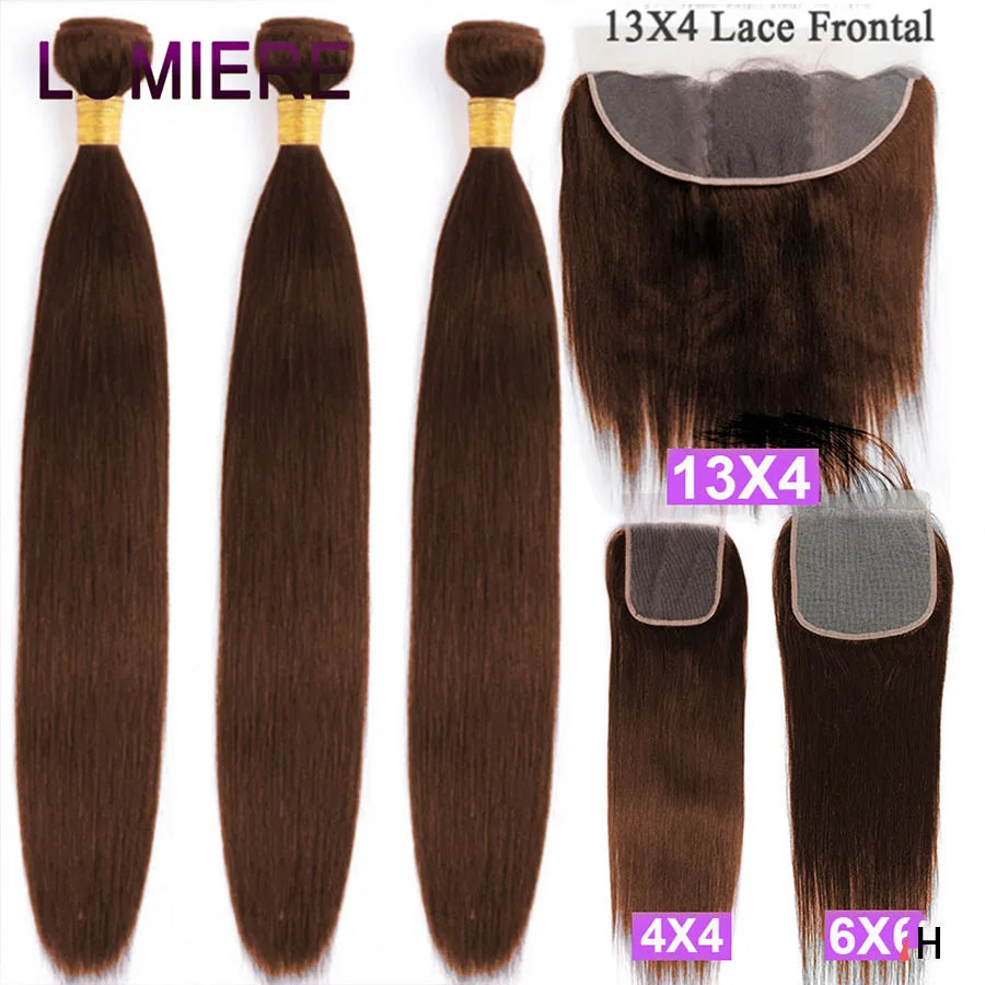 Chocolate Brown 20A Brazilian Bone Straight Bundles With Closure Human Hair Bundles With Frontal HD Transparent Loose Deep Hair Weave Extensions Afro Kinky Yaki Straight Curly Wave Bundles With Closure Frontal Brazilian Virgi