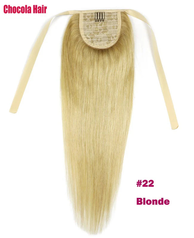 Chocola 16–18 inch Brazilian Remy hair ribbon ponytail clip-in, 60g straight human hair extension