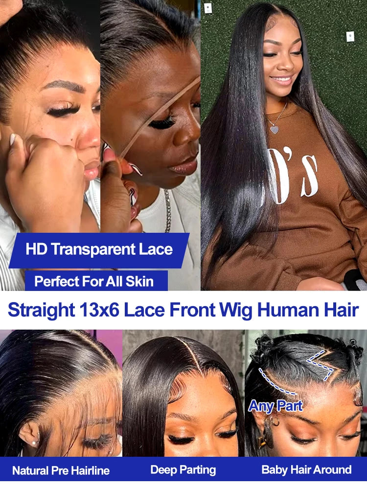 Luxurious Silky Long Straight Glueless Full Lace Front Human Hair Wigs For Women Brazilian Raw Virgin 13x4 13x6 Transparent Lace Frontal Wig 40 42 Inch 300 Density Ultra Smooth Straight Pre Plucked Hairline With Natural Baby