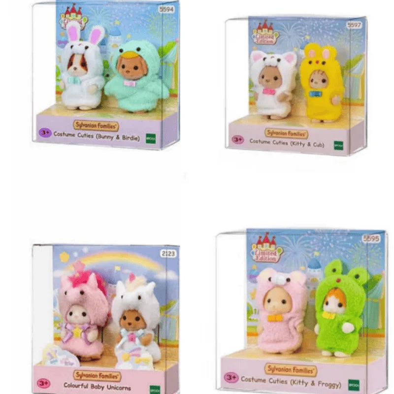 Sylvanian Families Christmas set with robot unicorn attack figures in festive party outfits, collectible plush dolls