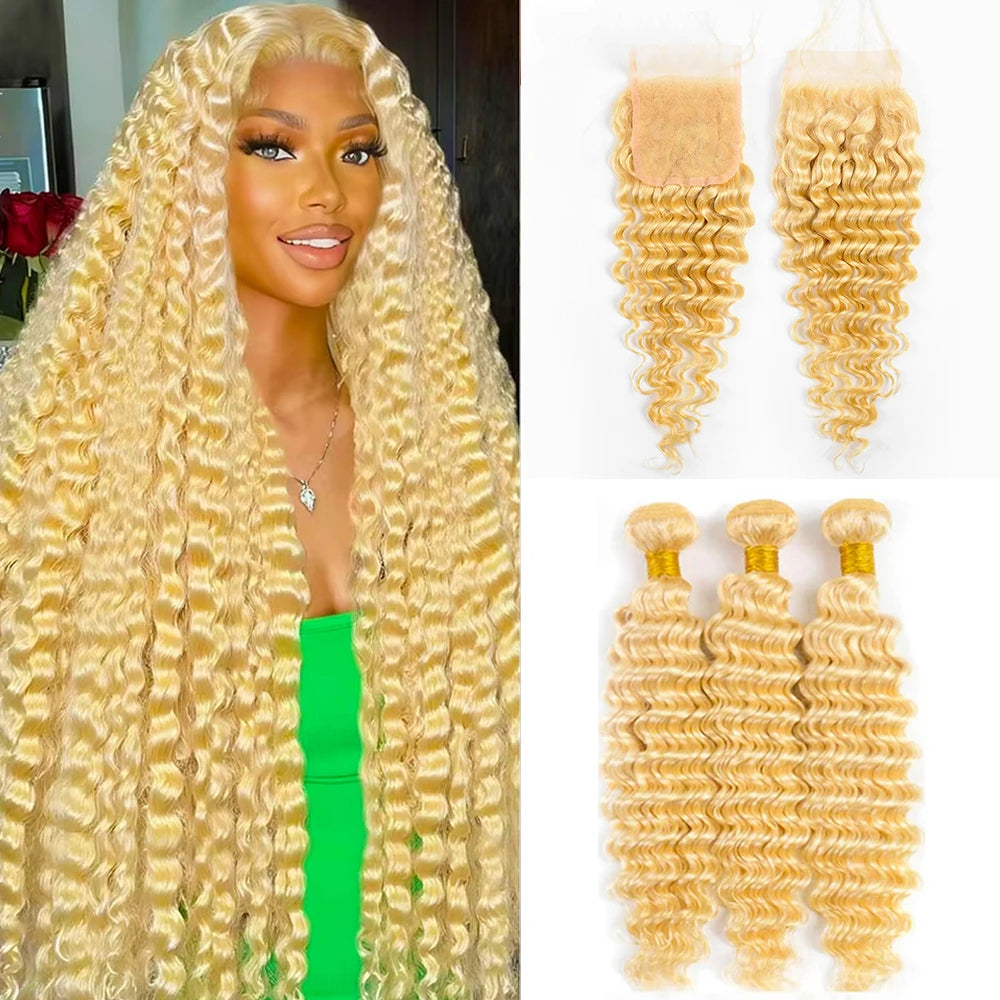 613 Blonde Deep Wave Bundles Human Hair with Closure 4x4 Brazilian Blond 13x4 Lace Frontal with 613 Curly 3 4 Bundles Human Hair