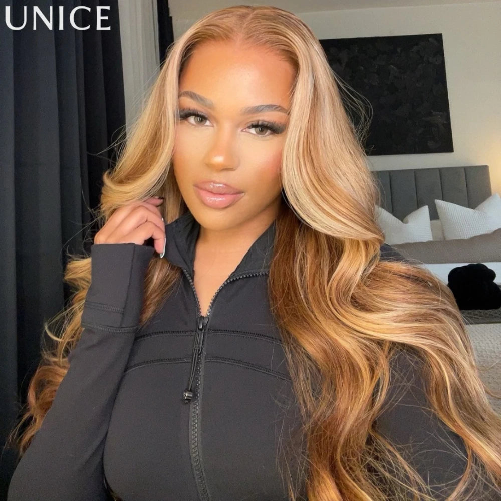Honey blonde body wave lace closure human hair wig with soft waves and natural-looking parting