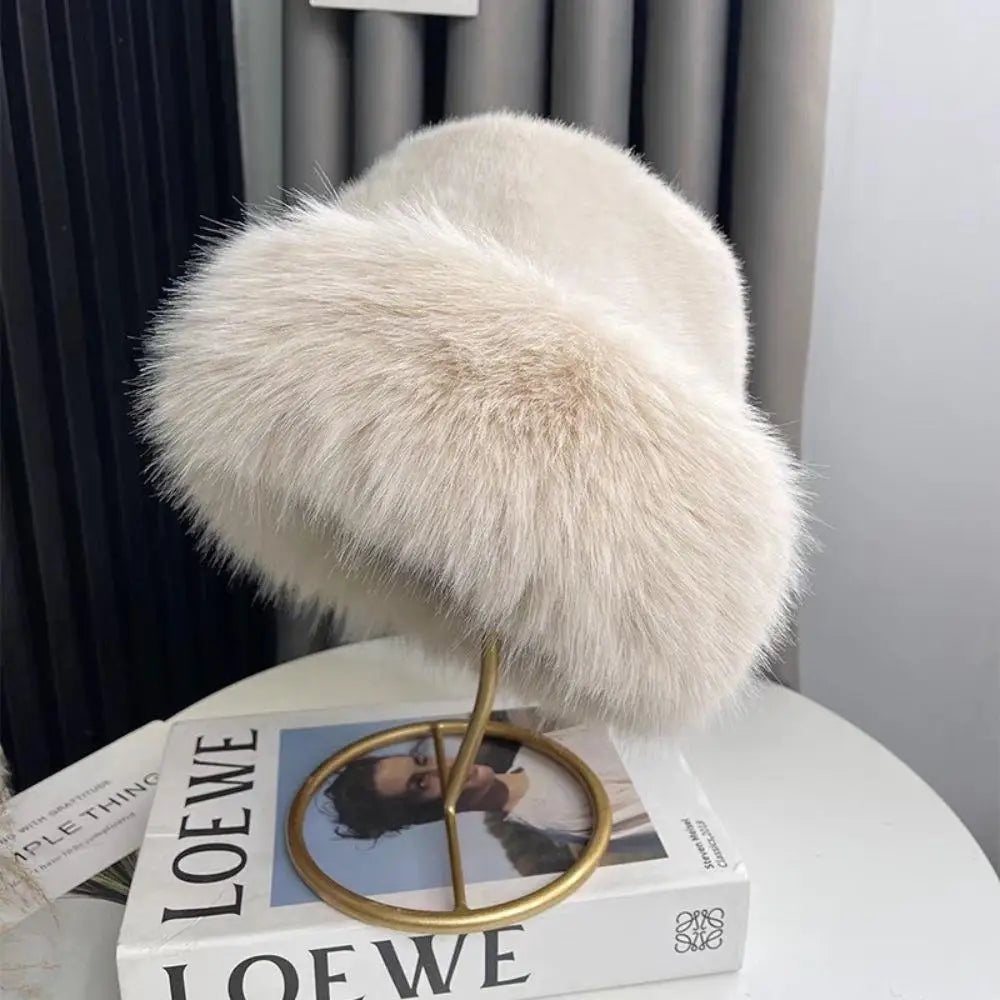 Women's leopard print faux fur fisherman hat, thick windproof winter hat for warmth