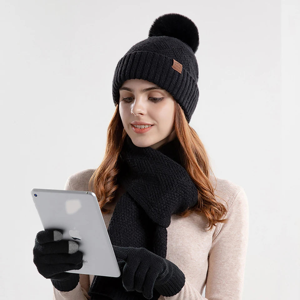 Women's winter beanie hat, scarf, and gloves set in three pieces by HSF Marketplace