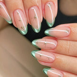 24-piece Y2K star press-on false nails with blue gradient French tips and gold moon designs in almond shape