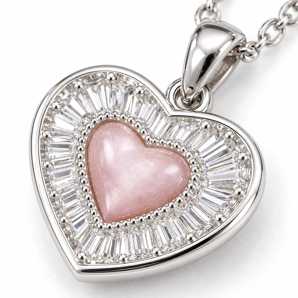 Pink heart crystal halo sunburst pendant necklace for women, elegant fashion jewelry with sparkling design.