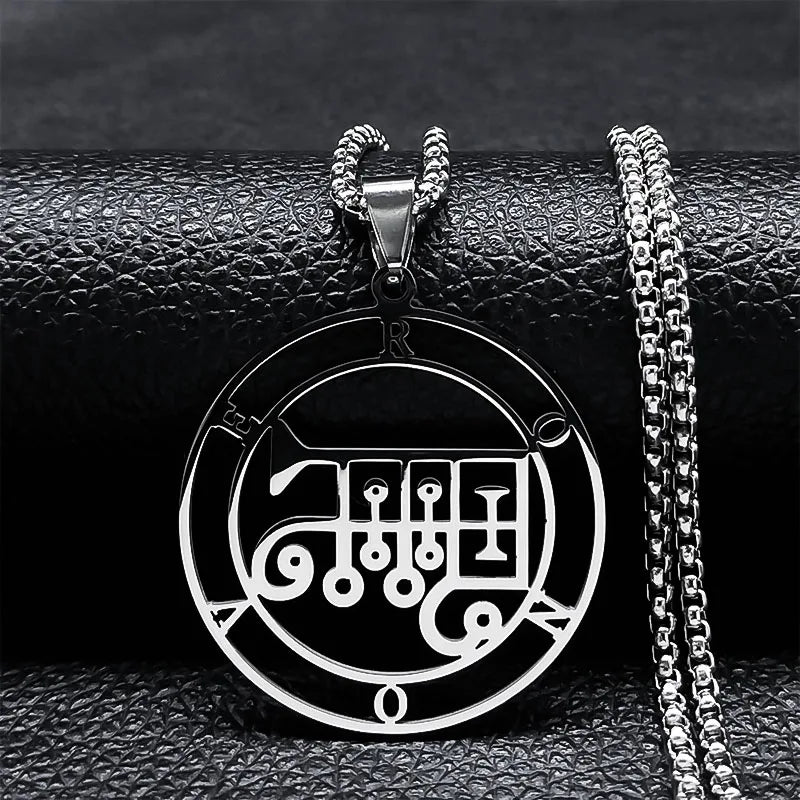 Stainless steel Satan necklace featuring Baphomet and Asmoday sigils, with a chain and laser-etched details, jewelry accessory.