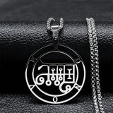 Stainless steel Satan necklace featuring Baphomet and Asmoday sigils, with a chain and laser-etched details, jewelry accessory.