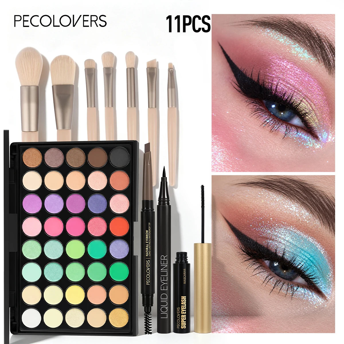 11-piece eye and brow makeup set with 40-shade eyeshadow palette, eyebrow pencil, eyeliner, mascara, and brushes