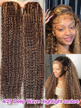 Highlight Brown Wig 13x4 HD Transparent Human Hair Deep Wave Frontal Wig Hd Lace Wigs 30 36 Inch Burmese Curly Wigs P4/27 Colored Water Wave 13x6 Full Lace Wig Wet and Wavy Lace Frontal Wigs Bleached Knot 250% Density ﻿