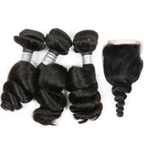 DreamDiana 10A Loose Wave Bundles with Closure Wet and Wavy Brazilian Ocean Wave 100% Human Hair 3 Bundles with 4x4 Lace Closure