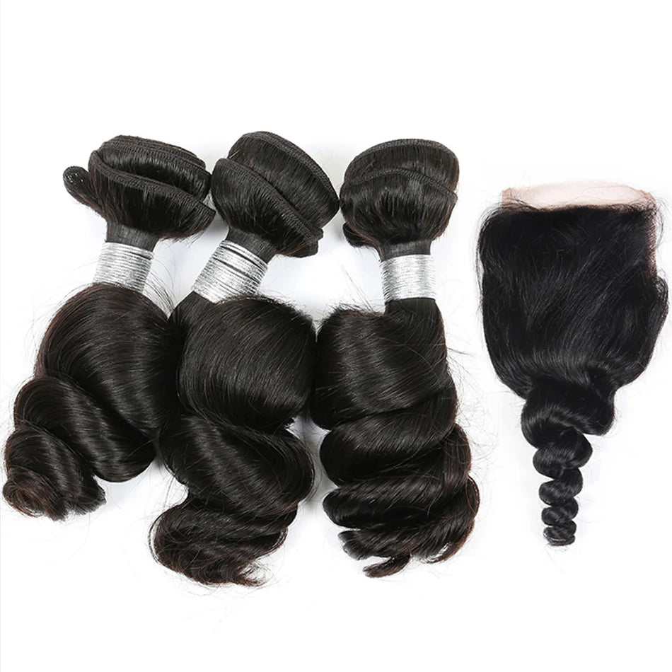 DreamDiana 10A Loose Wave Bundles with Closure Wet and Wavy Brazilian Ocean Wave 100% Human Hair 3 Bundles with 4x4 Lace Closure
