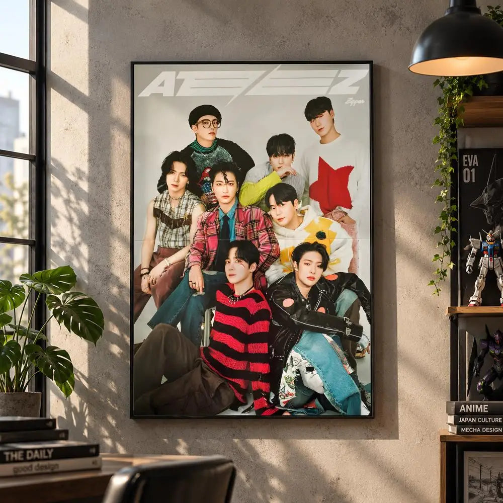 ATEEZ K-pop boy group poster for bedroom and living room decor, featuring group members in a vibrant design