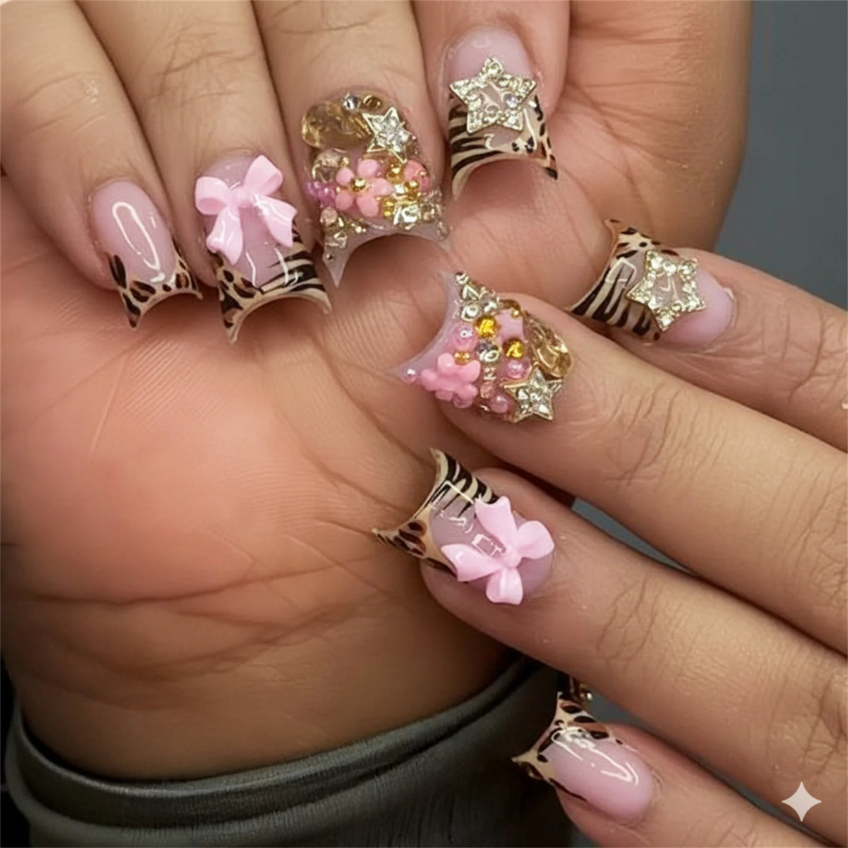 24-piece nude pink short duckbill false nails with leopard French tips, 3D bowknots, butterflies and cherries