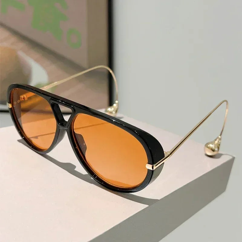Oversized pilot sunglasses by HSF Marketplace with double bridge design, gradient lenses, metal frame, trendy luxury style for women.