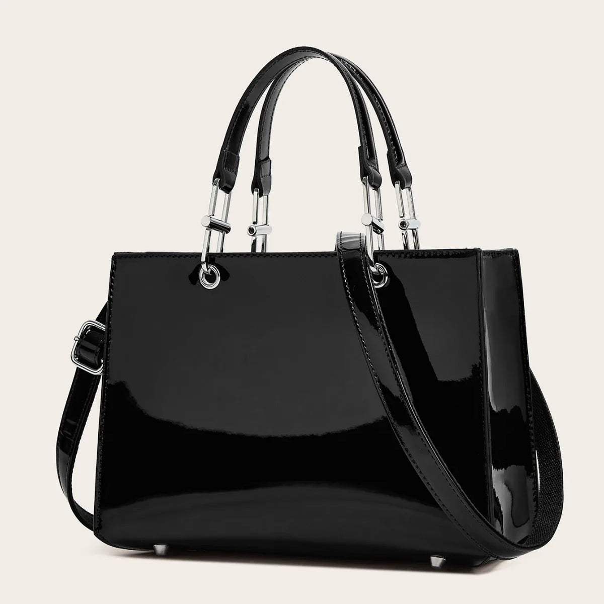 Luxury black faux leather handbag for women, designer style from HSF Marketplace, with elegant shape and gold accents.