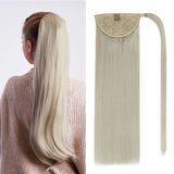 Straight Brazilian Remy human hair wrap-around ponytail extension in a sleek natural finish