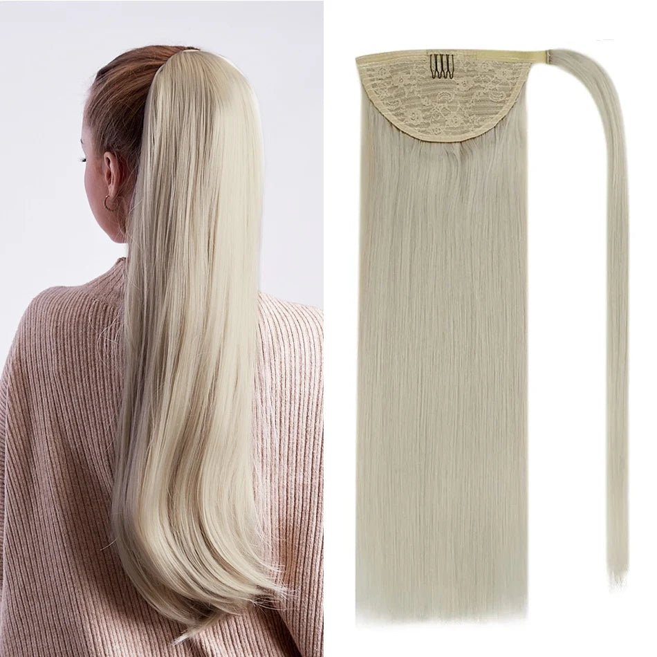Straight Brazilian Remy human hair wrap-around ponytail extension in a sleek natural finish