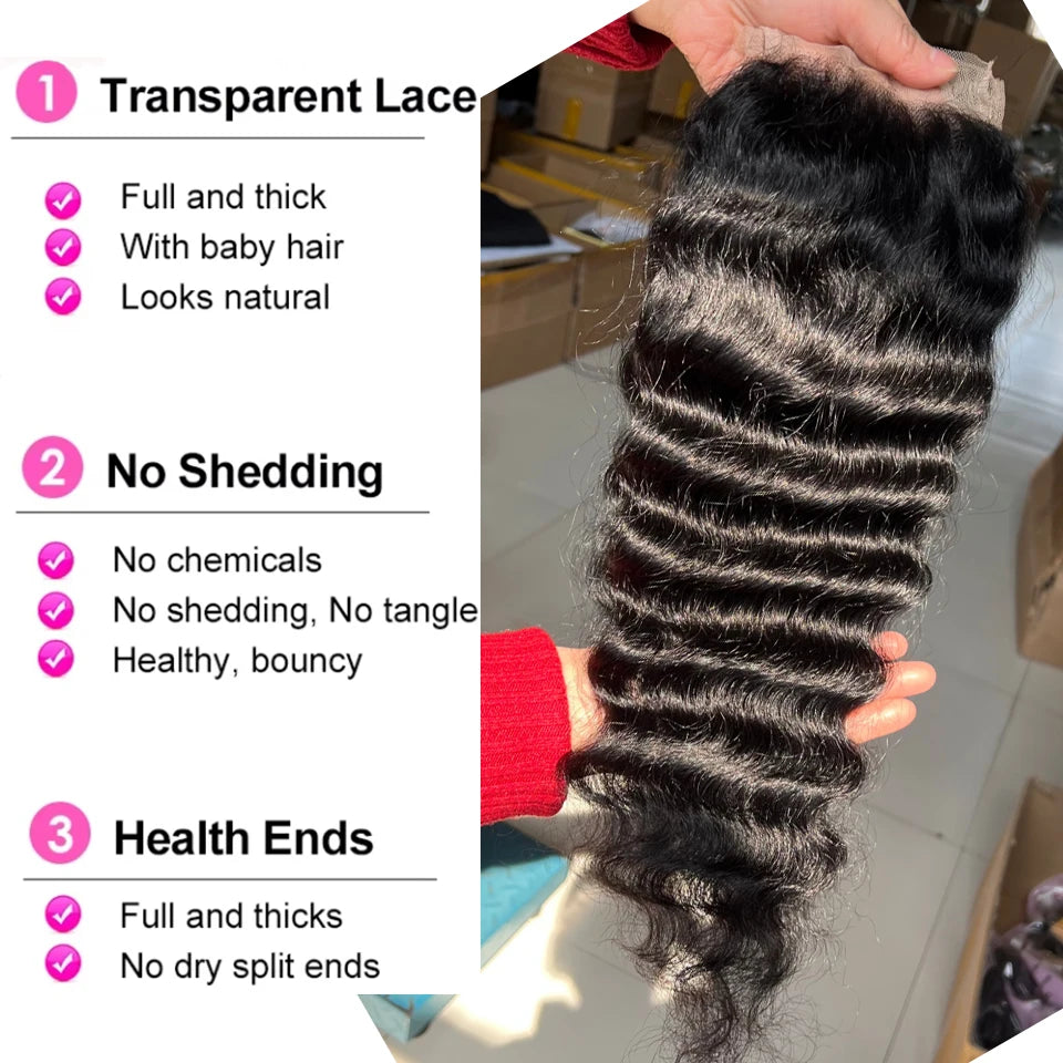 Loose Deep Wave Human Hair Bundles With Closure 4x4 13x4 HD Transparent Lace Frontal And 3/4 Bundles Unprocessed Raw Double Weft Virgin Human Hair Extensions Weaves Brazilian Remy Hair Bundles Deals For Women Daily Use Birthd