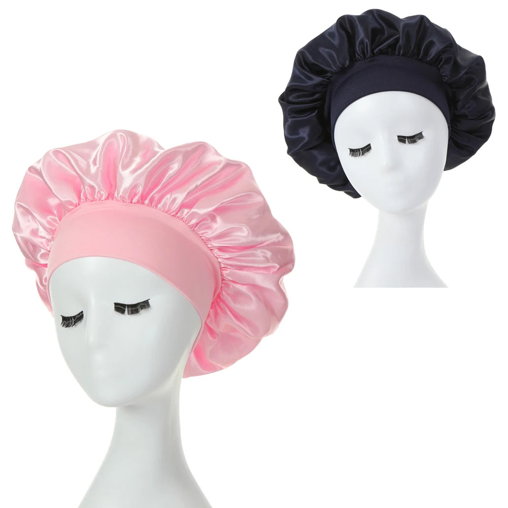 Two-pack wide brim satin bonnets with elastic bands for women by HSF Marketplace