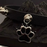 Gothic cat claw choker necklace with paw pendant, black PU leather, rivet accents, for women, Korean fashion jewelry.