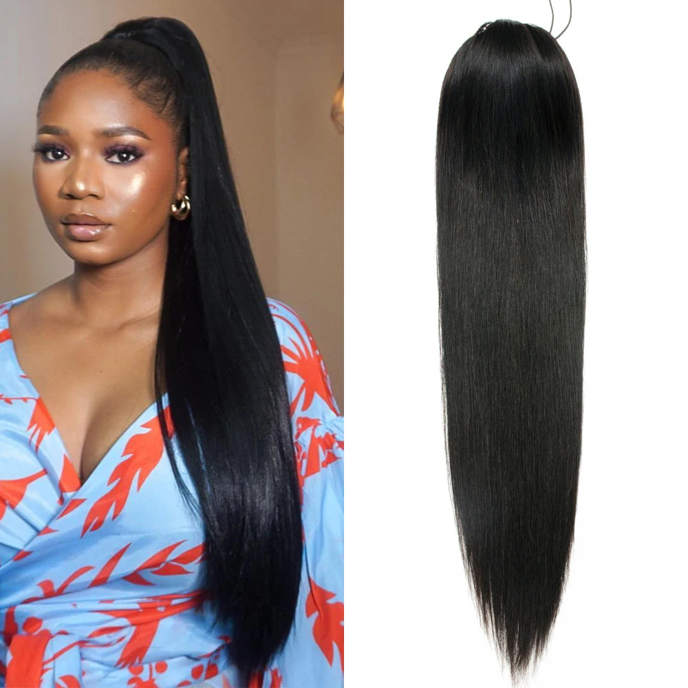 Black Brazilian Remy human hair drawstring ponytail extension with clips, straight 14–26 inch, 150g, 1 piece