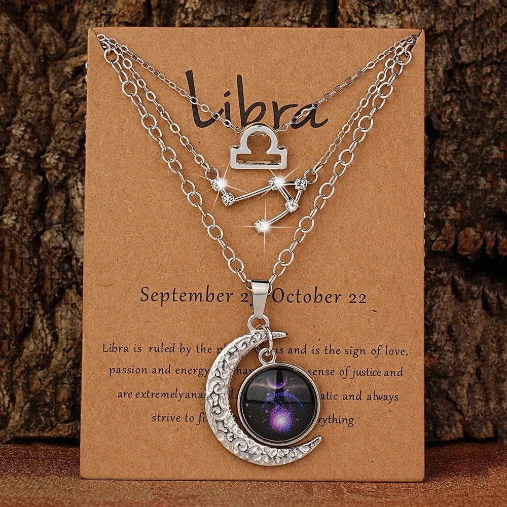 Three-piece zodiac moon glow pendant necklace set with birthstone cards, featuring retro design and ideal birthday gift for friends.
